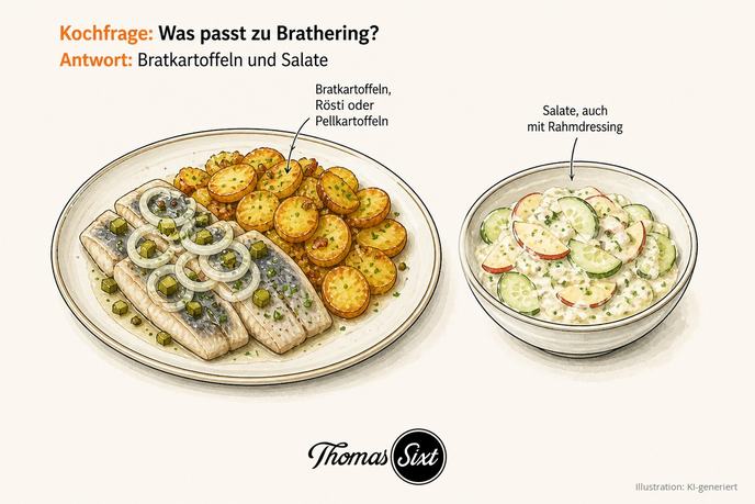 Teller mit Brathering und Bratkartoffeln neben einer Schale Apfel-Gurken-Salat mit Rahmdressing als Illustration