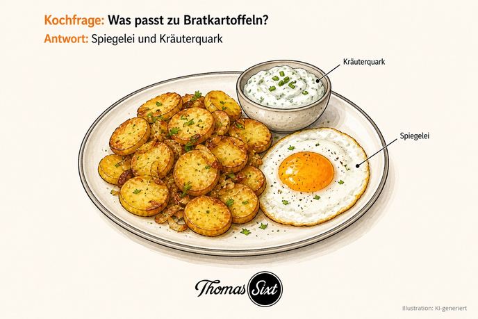 Teller mit Bratkartoffeln, einem Spiegelei und einem Schälchen Kräuterquark als Illustration
