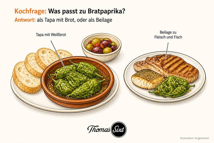 Bratpaprika als Tapa mit Weißbrot und Oliven sowie als Beilage zu Fleisch und Fisch als Illustration