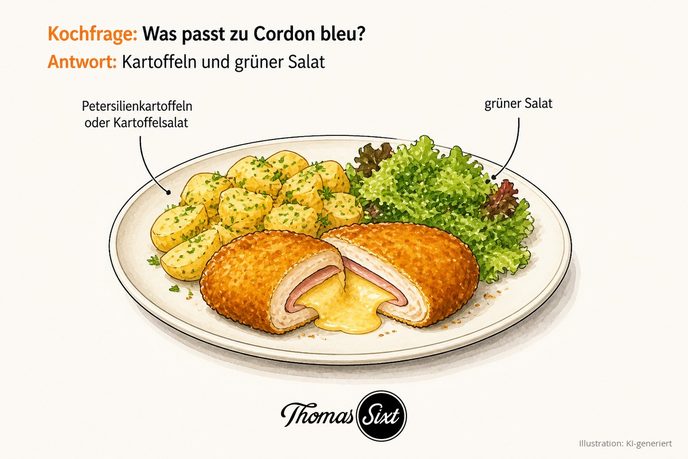 Angeschnittenes Cordon bleu mit Petersilienkartoffeln und grünem Salat auf einem Teller als Illustration