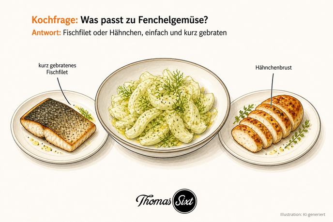 Teller mit Fenchelgemüse neben kurz gebratenem Fischfilet und Hähnchenbrust als Illustration