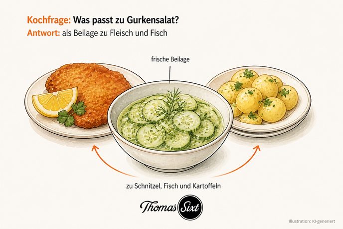 Schale Gurkensalat neben einem Schnitzel mit Kartoffeln als Illustration
