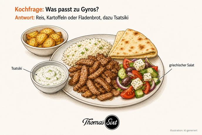 Teller Gyros mit Tsatsiki, Reis, Fladenbrot und griechischem Salat als Illustration