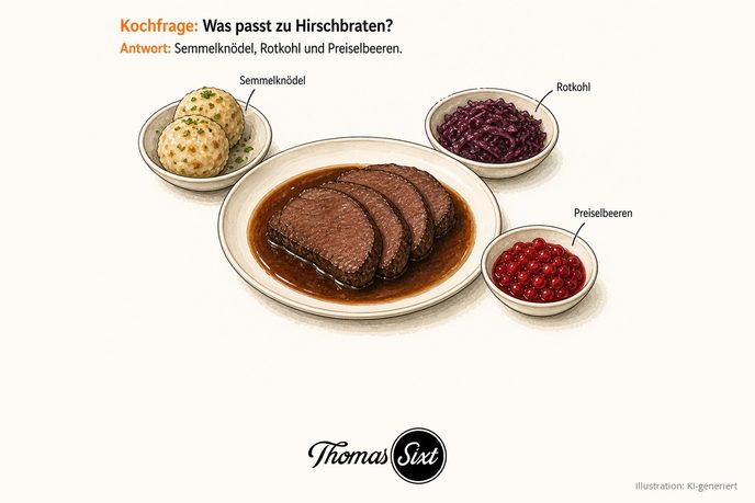 Grafik Was passt zu Hirschbraten, ein Teller mit Scheiben vom Hirschbraten in Soße, dazu Semmelknödel, Rotkohl und Preiselbeeren