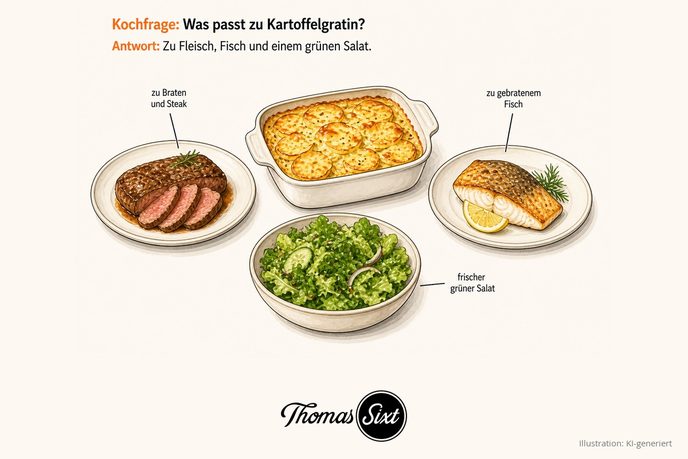 Grafik Was passt zu Kartoffelgratin, eine Auflaufform mit goldenem Kartoffelgratin, dazu ein Teller Braten, ein gebratenes Fischfilet und eine Schüssel grüner Salat