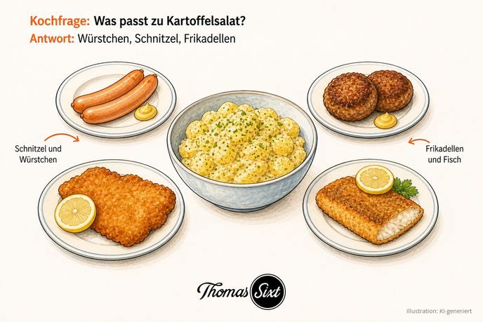 Schüssel Kartoffelsalat mit Wiener Schnitzel und Würstchen auf einem Teller, als Illustration