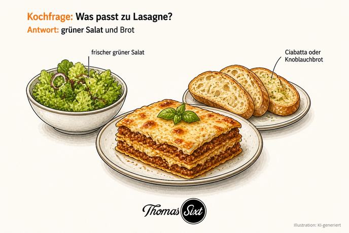 Teller mit Lasagne, dazu eine Schale grüner Salat und Scheiben Ciabatta als Beilagen, Illustration