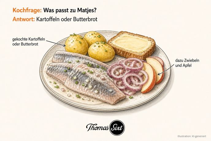 Teller Matjes in Rahmsoße mit Pellkartoffeln, Butterbrot, Zwiebeln und Apfel als Illustration