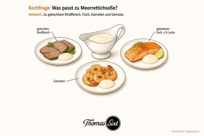 Grafik Was passt zu Meerrettichsoße, eine Sauciere mit cremiger Meerrettichsoße, dazu ein Teller gekochtes Rindfleisch, ein gebratenes Lachsfilet und ein Teller Garnelen