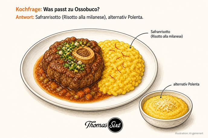 Grafik Was passt zu Ossobuco, ein Teller mit Ossobuco und Safranrisotto und eine Schale Polenta