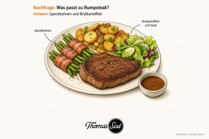 Teller mit Rumpsteak, Bohnen im Speckmantel, Bratkartoffeln und grünem Salat als Illustration