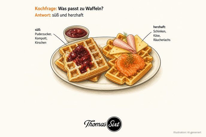 Teller mit Waffeln, süß mit Puderzucker und Kirschen und herzhaft mit Käse, als Illustration