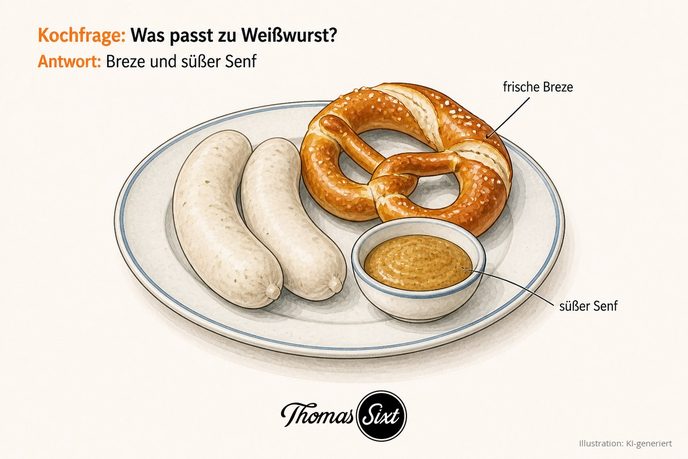Teller mit zwei Weißwürsten, einer Breze und einem Schälchen süßem Senf als Illustration
