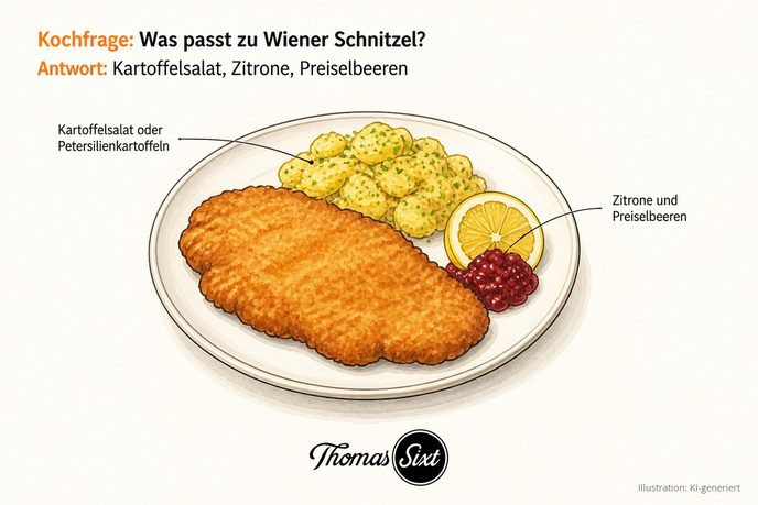 Wiener Schnitzel mit Kartoffelsalat, Zitronenspalte und Preiselbeeren als Illustration