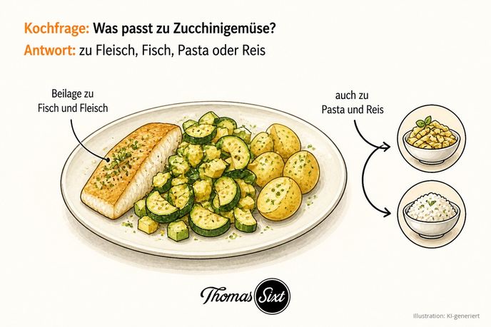 Teller mit Zucchinigemüse, Fisch und Kartoffeln sowie Schalen mit Pasta und Reis als Illustration