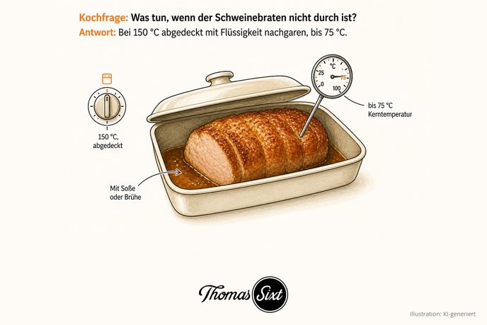 Bratenform mit angehobenem Deckel, darin ein ganzer Schweinebraten in Soße, ein Fleischthermometer zeigt 75 Grad, links ein Ofenregler mit 150 Grad
