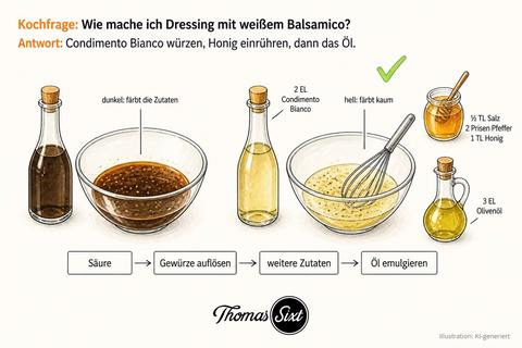 Links eine dunkle Balsamicoflasche mit dunkelbraunem Dressing in einer Schüssel, rechts eine helle Flasche Condimento Bianco mit hellem Dressing und Schneebesen, daneben Honigglas und Olivenölflasche, darunter eine Ablaufleiste