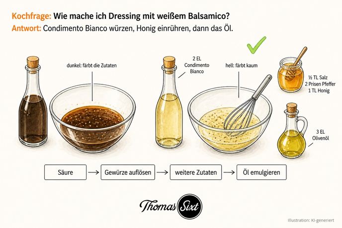 Links eine dunkle Balsamicoflasche mit dunkelbraunem Dressing in einer Schüssel, rechts eine helle Flasche Condimento Bianco mit hellem Dressing und Schneebesen, daneben Honigglas und Olivenölflasche, darunter eine Ablaufleiste