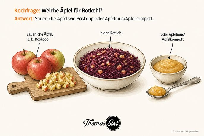 Grafik welche Äpfel für Rotkohl, säuerliche Äpfel wie Boskoop und gewürfelter Apfel, eine Schale Rotkohl und ein Schälchen Apfelmus