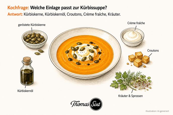 Welche Einlage passt zur Kürbissuppe: ein Teller Kürbissuppe mit Kürbiskernen und Crème fraîche, drumherum geröstete Kürbiskerne, Kürbiskernöl, Crème fraîche, Croutons sowie Kräuter und Sprossen