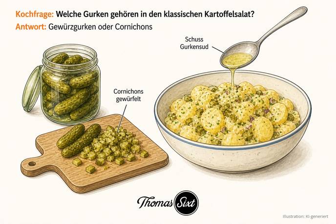 Ein geöffnetes Glas Cornichons, einige klein gewürfelt auf einem Brett, ein Löffel Gurkensud über einer Schüssel klassischem Kartoffelsalat, als Illustration