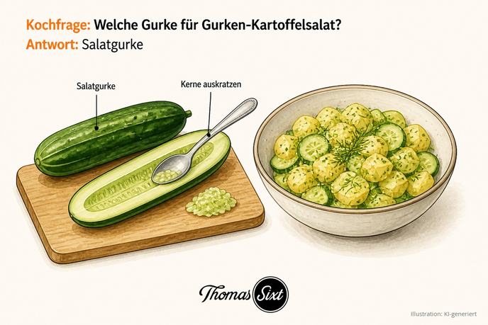 Eine lange Salatgurke auf einem Brett, längs halbiert, ein Löffel kratzt die Kerne heraus, als Illustration