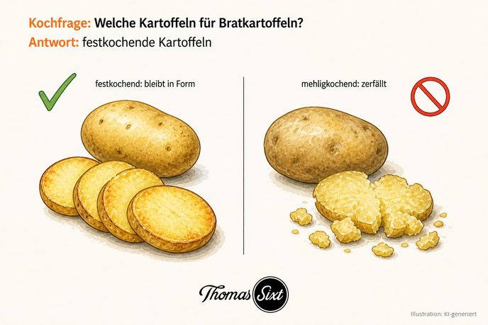 Vergleich einer festkochenden Kartoffel mit formstabilen Scheiben und einer mehligkochenden, die zerfällt, als Illustration