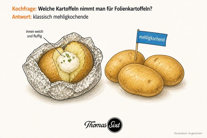 Drei große Kartoffeln mit Sortenschildchen neben einer aufgeschnittenen, fluffigen Folienkartoffel als Illustration