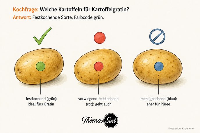 Grafik Welche Kartoffeln für Kartoffelgratin, drei Kartoffeln mit Farbpunkten, grün festkochend mit Haken, rot vorwiegend festkochend, blau mehligkochend durchgestrichen