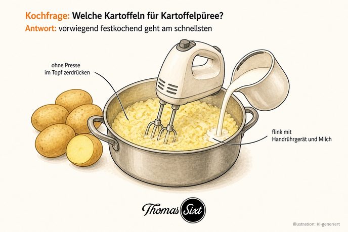 Topf mit zerdrückten Kartoffeln, Handrührgerät und einem Milchkännchen, dahinter ganze Kartoffeln, als Illustration