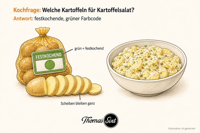 Festkochende Kartoffeln mit grünem Etikett neben einer Schüssel Kartoffelsalat, als Illustration