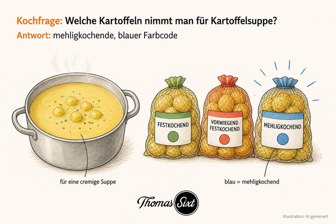 Kartoffelnetz mit blauem Etikett neben einem Topf cremiger Kartoffelsuppe, als Illustration
