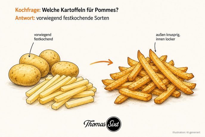 Rohe Kartoffeln und gleichmäßig geschnittene Stifte neben goldenen knusprigen Pommes frites als Illustration