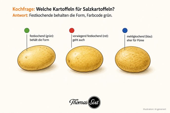 Grafik Welche Kartoffeln für Salzkartoffeln, drei Kartoffeln mit Farbpunkten grün festkochend behält die Form, rot vorwiegend festkochend und blau mehligkochend