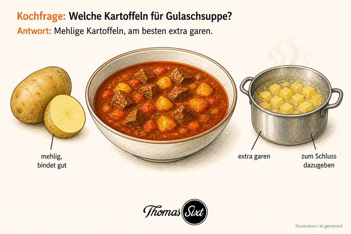 Welche Kartoffeln für Gulaschsuppe: eine Schale Gulaschsuppe, links eine mehlige Kartoffel, rechts ein Topf mit separat gegarten Kartoffelwürfeln