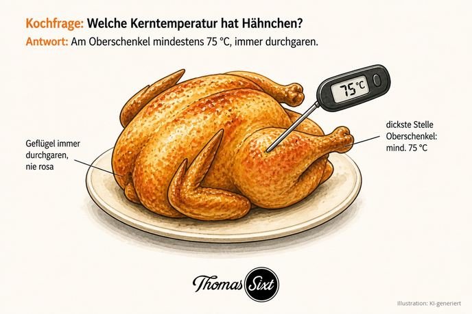 Grafik Welche Kerntemperatur hat Hähnchen, ein goldbraunes Brathähnchen auf einem Teller mit einem Kerntemperaturfühler im Oberschenkel der 75 Grad anzeigt