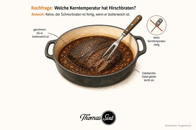 Grafik Welche Kerntemperatur hat Hirschbraten, ein Schmortopf mit dunklem Hirschbraten in Soße, eine Fleischgabel bei der Gabelprobe und ein durchgestrichenes Thermometer