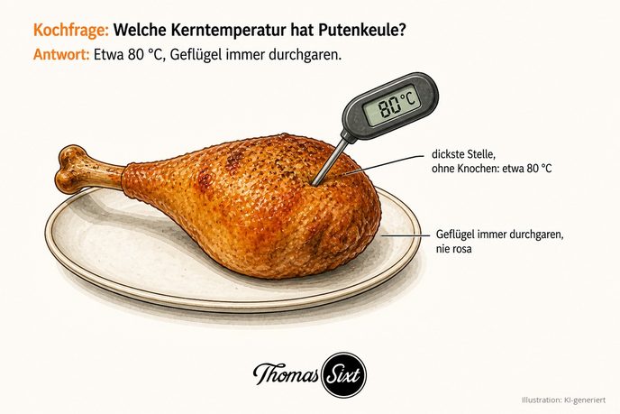 Grafik Welche Kerntemperatur hat Putenkeule, eine goldbraune Putenunterkeule auf einem Teller mit einem Kerntemperaturfühler der 80 Grad anzeigt