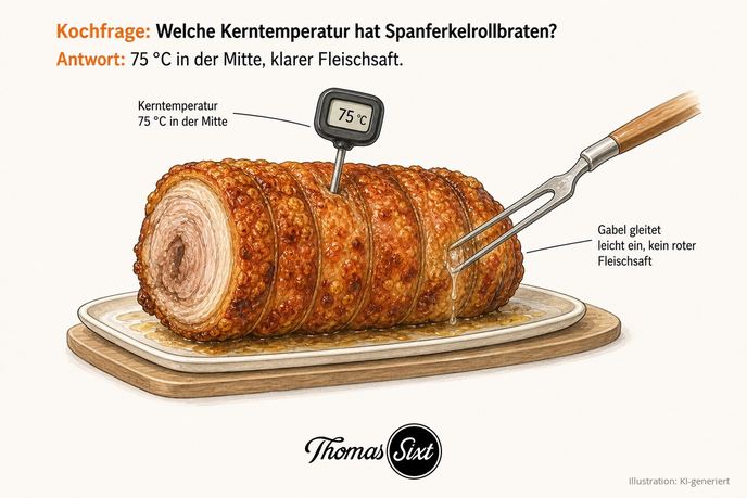 Grafik Welche Kerntemperatur hat Spanferkelrollbraten, ein knuspriger Spanferkelrollbraten mit Kerntemperaturfühler bei 75 Grad und einer Fleischgabel mit klarem Fleischsaft