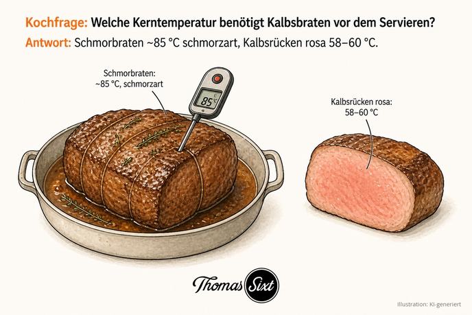 Grafik Kerntemperatur Kalbsbraten, Schmorbraten im Bräter mit Thermometer 85 Grad und rosa angeschnittener Kalbsrücken 58 bis 60 Grad