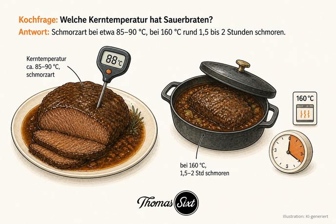 Grafik Kerntemperatur Sauerbraten, geschmorter Sauerbraten in Sauce mit digitalem Bratenthermometer 88 Grad und Bräter mit Deckel bei 160 Grad und Küchentimer 1,5 bis 2 Stunden