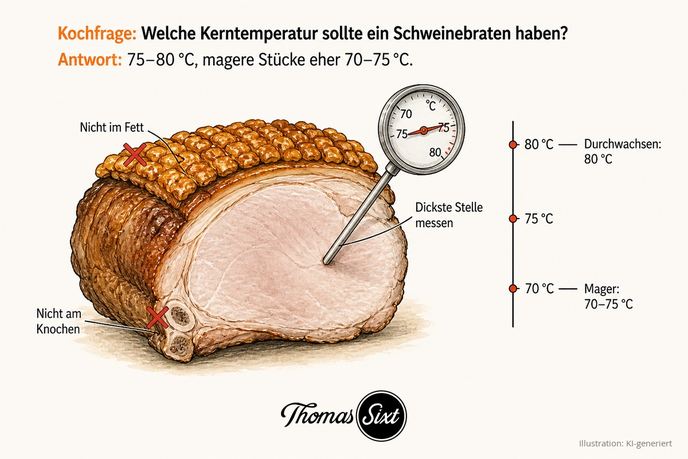 Angeschnittener Schweinebraten mit Kruste, ein Fleischthermometer steckt an der dicksten Stelle, rote Kreuze markieren Fettschicht und Knochen, rechts eine Skala mit 70, 75 und 80 Grad
