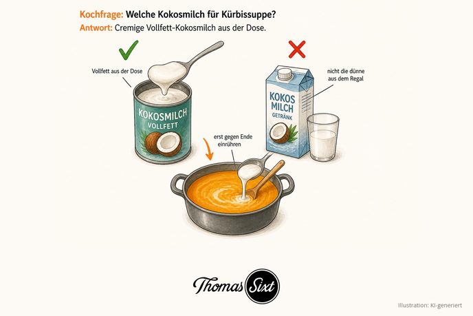 Welche Kokosmilch für Kürbissuppe: links eine Dose Vollfett-Kokosmilch mit grünem Haken, rechts ein dünner Kokosmilch-Getränk-Tetrapak mit rotem Kreuz, darunter ein Topf Kürbissuppe mit eingerührter Kokosmilch