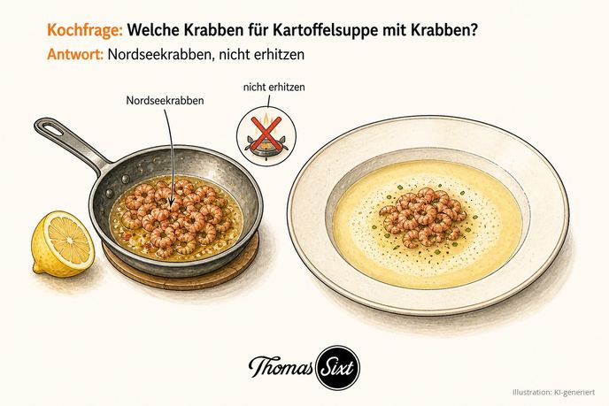 Nordseekrabben in einer Pfanne mit Butter neben einem Teller Kartoffelsuppe, als Illustration