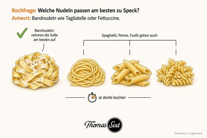Vier Nudelsorten nebeneinander: Bandnudeln in cremiger Soße mit grünem Haken, daneben Spaghetti, Penne und Fusilli, darunter ein Uhrensymbol mit dem Hinweis al dente kochen