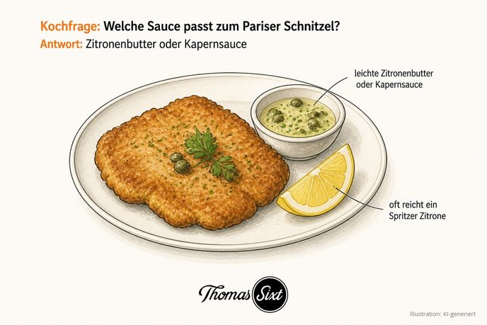 Pariser Schnitzel mit einem Schälchen Zitronenbutter mit Kapern und einer Zitronenspalte als Illustration