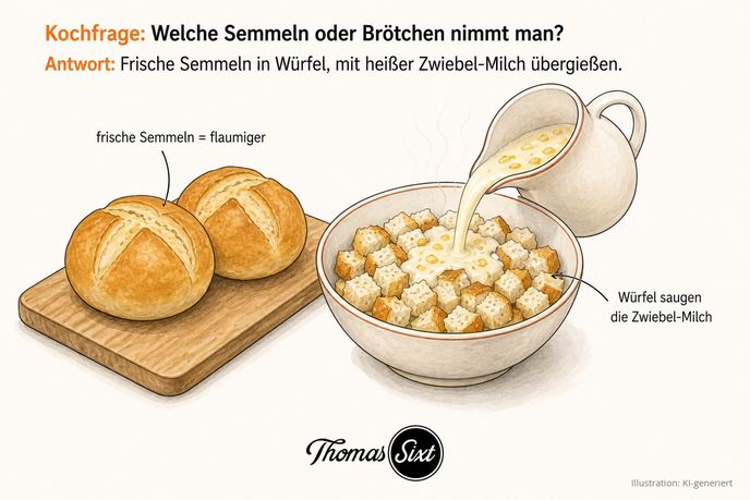 Grafik frische Semmeln in Würfel mit heißer Zwiebel-Milch
