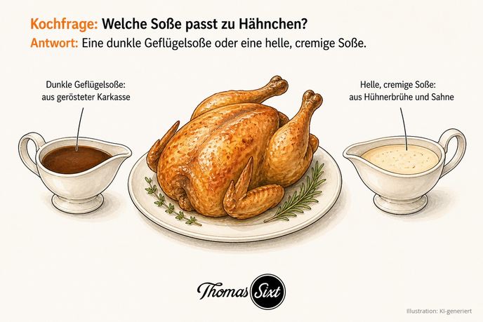Grafik Welche Soße passt zu Hähnchen, ein ganzes goldbraunes Brathähnchen auf einem Teller, links eine Sauciere mit dunkler Geflügelsoße, rechts eine Sauciere mit heller cremiger Soße