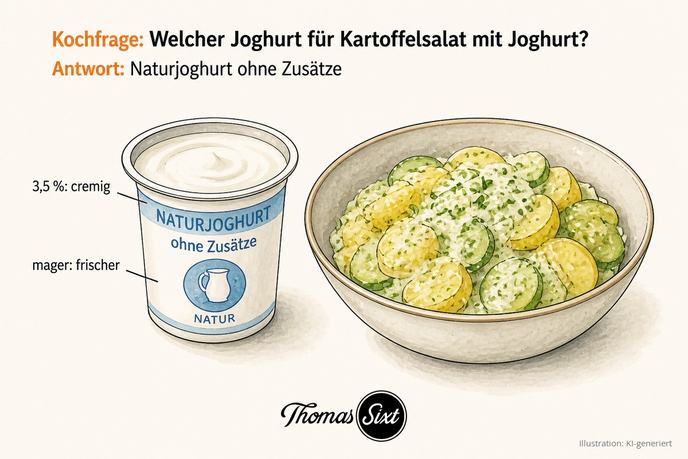 Ein Becher Naturjoghurt neben einer Schüssel Kartoffelsalat mit Joghurtdressing, Gurke und Schnittlauch, als Illustration