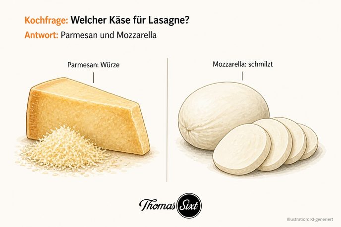 Ein Stück Parmesan mit geriebenem Parmesan und eine Mozzarella-Kugel mit Scheiben als Illustration zum Käse für Lasagne